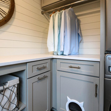 Gray Laundry Room w/ White Shiplap Wall & Kitty Pass Hidden Litterbox in Cabinet