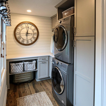 Gray Laundry Room w/ White Shiplap Wall & Kitty Pass Hidden Litterbox in Cabinet