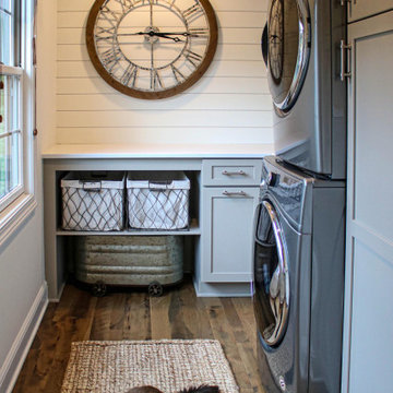 Gray Laundry Room w/ White Shiplap Wall & Kitty Pass Hidden Litterbox in Cabinet