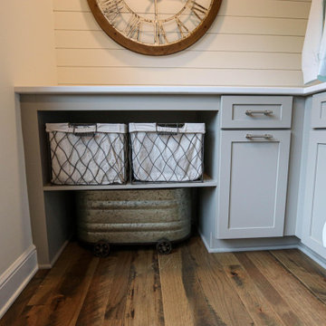 Gray Laundry Room w/ White Shiplap Wall & Kitty Pass Hidden Litterbox in Cabinet