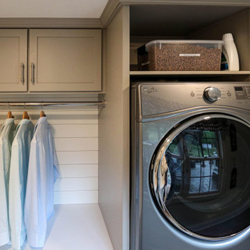 Gray Laundry Room w/ White Shiplap Wall & Kitty Pass Hidden Litterbox in Cabinet