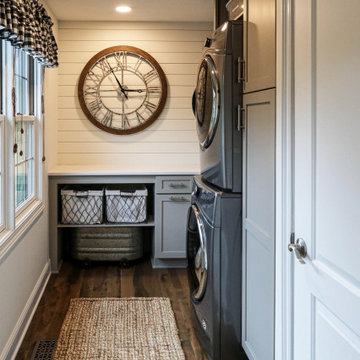 Gray Laundry Room w/ White Shiplap Wall & Kitty Pass Hidden Litterbox in Cabinet
