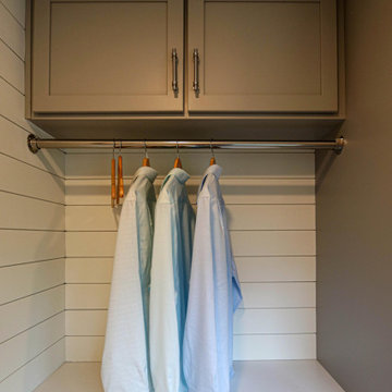 Gray Laundry Room w/ White Shiplap Wall & Kitty Pass Hidden Litterbox in Cabinet