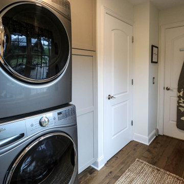 Gray Laundry Room w/ White Shiplap Wall & Kitty Pass Hidden Litterbox in Cabinet
