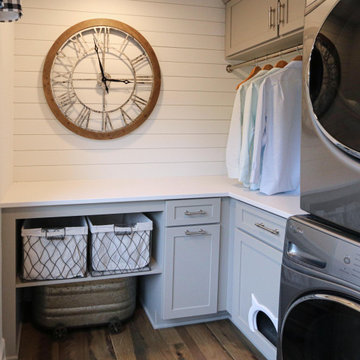 Gray Laundry Room w/ White Shiplap Wall & Kitty Pass Hidden Litterbox in Cabinet