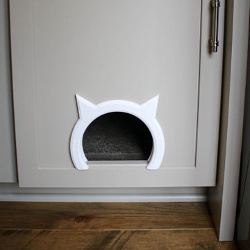 Gray Laundry Room w/ White Shiplap Wall & Kitty Pass Hidden Litterbox in Cabinet