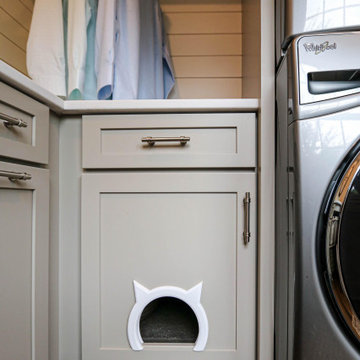 Gray Laundry Room w/ White Shiplap Wall & Kitty Pass Hidden Litterbox in Cabinet