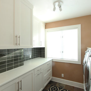 Green Glass Subway Tile in Laundry Room with Laminate Countertop