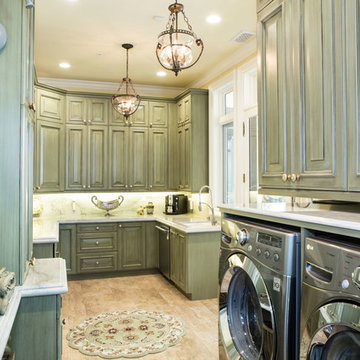 Large Laundry Room with Green Cabinets