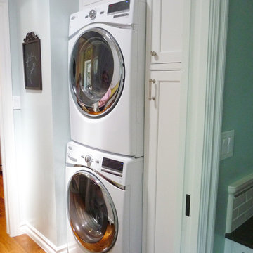 Laundry Stackable Washer & Dryer with White Inset Cabinets