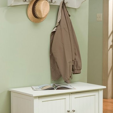 Mint Green Mudroom with Storage Bench and Shelving Unit in Ivory, Shaker Cottage