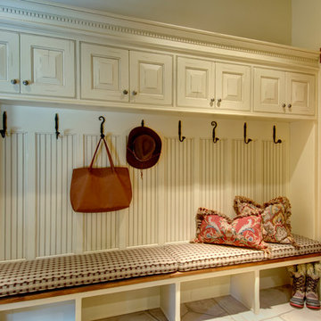 Mudroom storage cubbies, hooks and bench