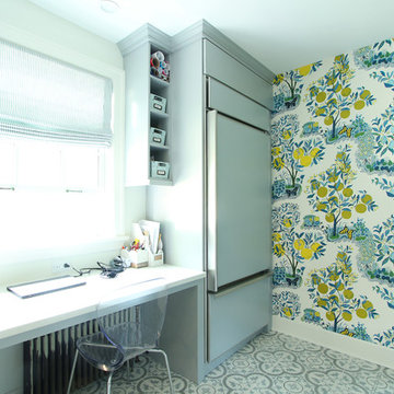 Open Shelving and Reused Subzero Refrigerator with Bold Floral Wallpaper