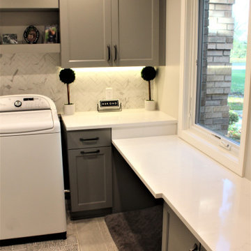 Showplace EVO Laundry Room in Concord Dovetail w/ Hickory Cognac Seating/Shelves