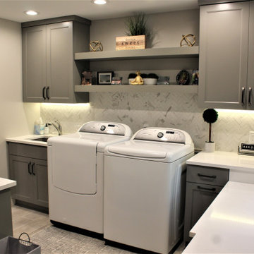 Showplace EVO Laundry Room in Concord Dovetail w/ Hickory Cognac Seating/Shelves