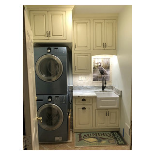 Small Laundry Room makeover w/Stackable W/D and Farm Sink - Beach Style ...