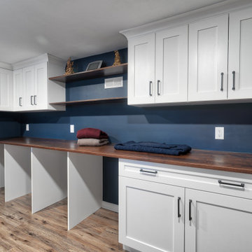 Walnut Counter Top and Shelving with Space for Laundry Roll-Outs