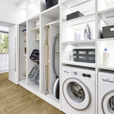 Laundry room - large contemporary single-wall light wood floor and brown floor laundry room idea in Barcelona with flat-panel cabinets and white cabinets