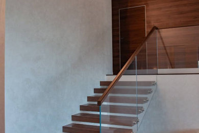 Inspiration pour un escalier droit design de taille moyenne avec des marches en bois et un garde-corps en verre.