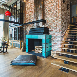 Large urban wooden straight open staircase photo in Moscow