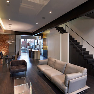Living room - contemporary open concept dark wood floor living room idea in DC Metro with white walls, a ribbon fireplace and a wall-mounted tv