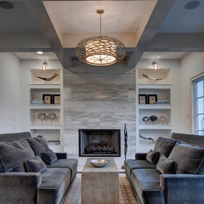 Transitional formal dark wood floor living room photo in Orlando with white walls, a standard fireplace, a stone fireplace and no tv