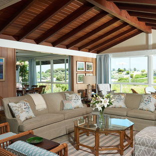 Mid-sized 1950s formal and open concept vinyl floor and gray floor living room photo in Santa Barbara with a corner fireplace, a brick fireplace, brown walls and no tv