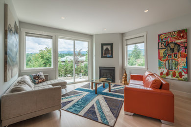 Medium sized modern formal open plan living room in Other with grey walls, light hardwood flooring, a standard fireplace, a metal fireplace surround and brown floors.