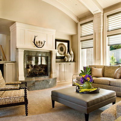 Living room - large traditional living room idea in Portland with beige walls