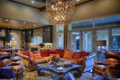 Photo of a large classic formal enclosed living room with beige walls, dark hardwood flooring, no fireplace, no tv and brown floors.