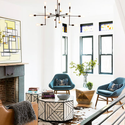 Living room - large contemporary formal and open concept light wood floor and beige floor living room idea in DC Metro with white walls, a standard fireplace, a wood fireplace surround and no tv