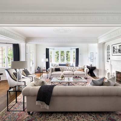 Elegant formal dark wood floor living room photo in Vancouver with white walls and a standard fireplace
