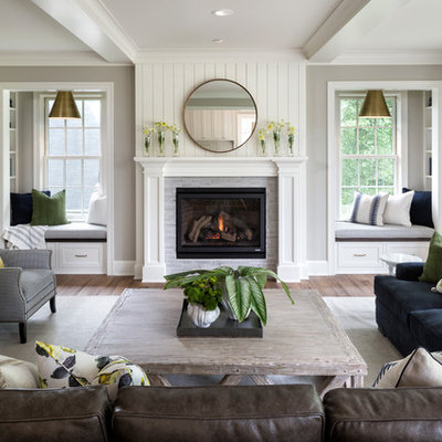 Inspiration for a coastal formal light wood floor living room remodel in Minneapolis with gray walls, a standard fireplace and a tile fireplace