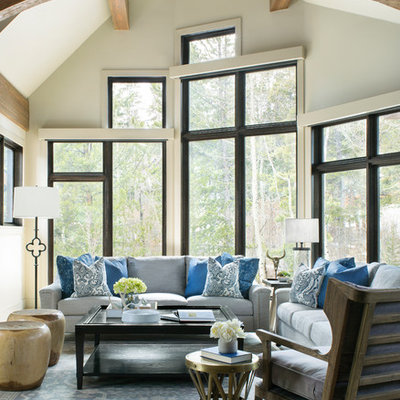 Inspiration for a rustic formal and open concept light wood floor living room remodel in Denver with gray walls