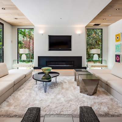 Trendy beige floor and porcelain tile living room photo in Orlando with white walls, a ribbon fireplace, a wall-mounted tv and a stone fireplace
