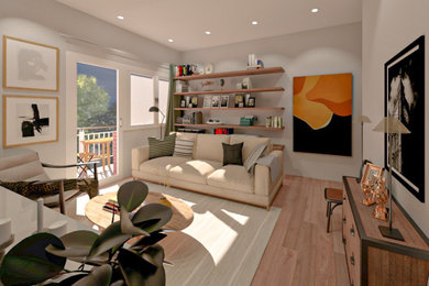 Example of a mid-sized southwest enclosed medium tone wood floor living room design in Hong Kong