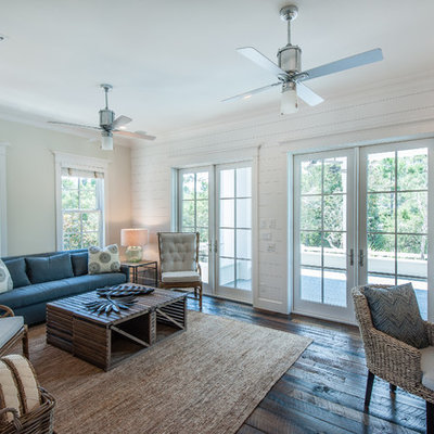 Living room - coastal dark wood floor living room idea in Miami with white walls
