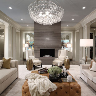 Living room - huge transitional living room idea in Miami with a standard fireplace