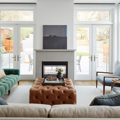 Inspiration for a large transitional formal light wood floor and beige floor living room remodel in San Francisco with white walls and a wall-mounted tv