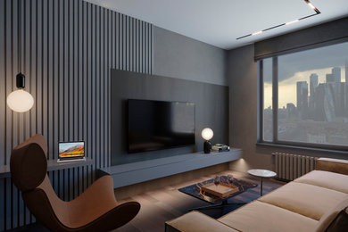 Свежая идея для дизайна: изолированная гостиная комната среднего размера в современном стиле с музыкальной комнатой, серыми стенами, темным паркетным полом и телевизором на стене - отличное фото интерьера