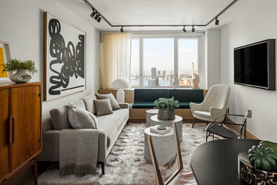 Trendy living room photo in New York with gray walls, no fireplace and a wall-mounted tv