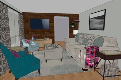 На фото: изолированная гостиная комната среднего размера в стиле модернизм с зелеными стенами и светлым паркетным полом с