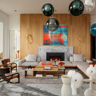 Inspiration for a contemporary formal and open concept light wood floor living room remodel in New York with white walls, a ribbon fireplace, a stone fireplace and no tv