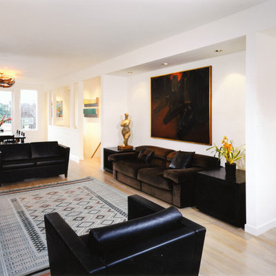 Trendy open concept beige floor living room photo in San Francisco with white walls