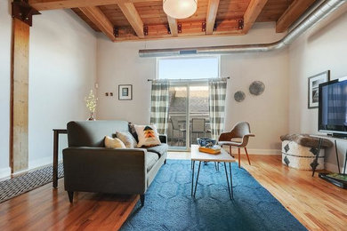 Foto de salón tipo loft actual pequeño sin chimenea con suelo de madera clara, televisor independiente, paredes blancas y suelo marrón