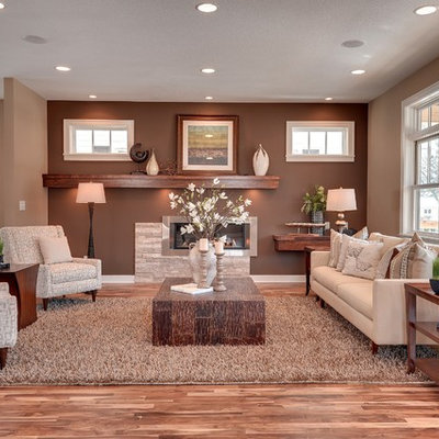 Inspiration for a transitional living room remodel in Minneapolis with brown walls