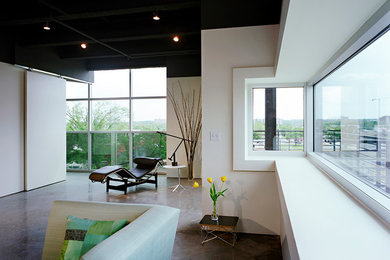 Offenes Modernes Wohnzimmer mit weißer Wandfarbe und Betonboden in Austin