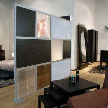 8' Modern Room Divider, White, Ebony & Translucent panels