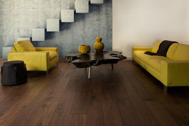 Inspiration for a timeless dark wood floor living room remodel in San Francisco with white walls
