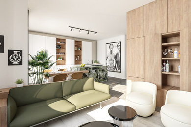 Design ideas for a large contemporary open plan living room in Berlin with a home bar, white walls, ceramic flooring, a wall mounted tv and grey floors.